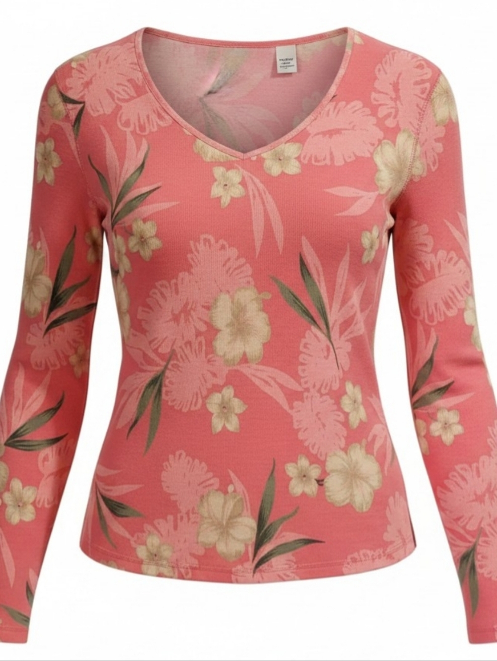 Jamaica Bay Top Sz L Pink 100% Cotton Tropical Floral Long Sleeve V-Neck Resort